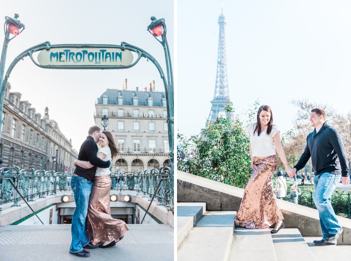A couple walking on the stairs of the Trocadero near the Eiffel tower during a photo shoot with a Paris wedding photographer