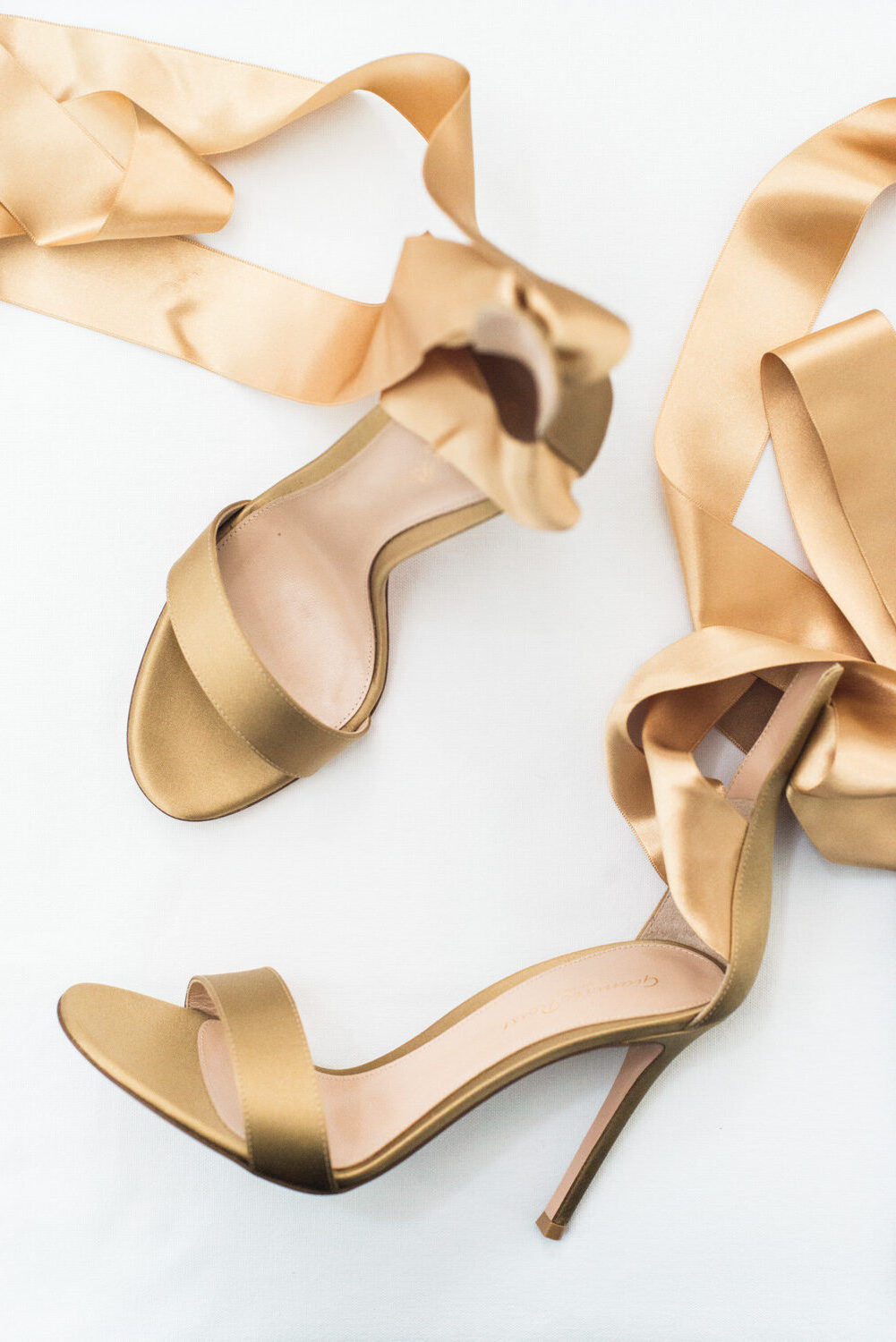 Gold Gianvito Rossi heels with silk ribbons for a luxurious wedding, styled by Something Borrowed Something New
