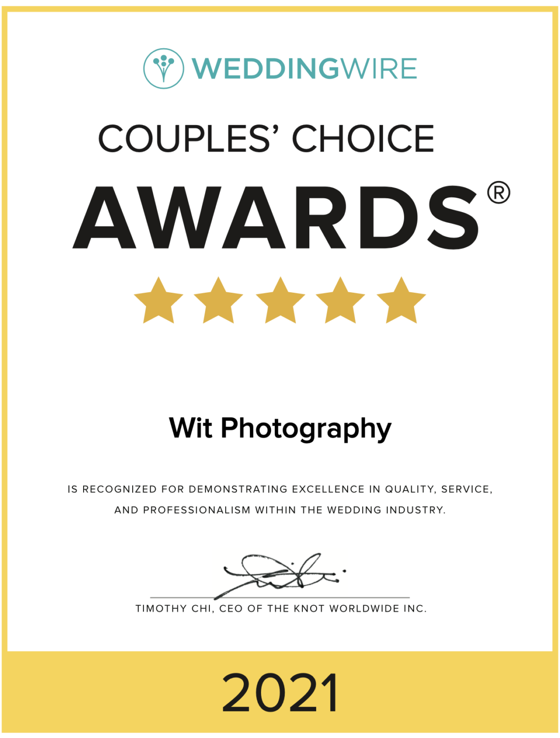 Certificate that Wit Photography won the 2021 Couples Choice Award