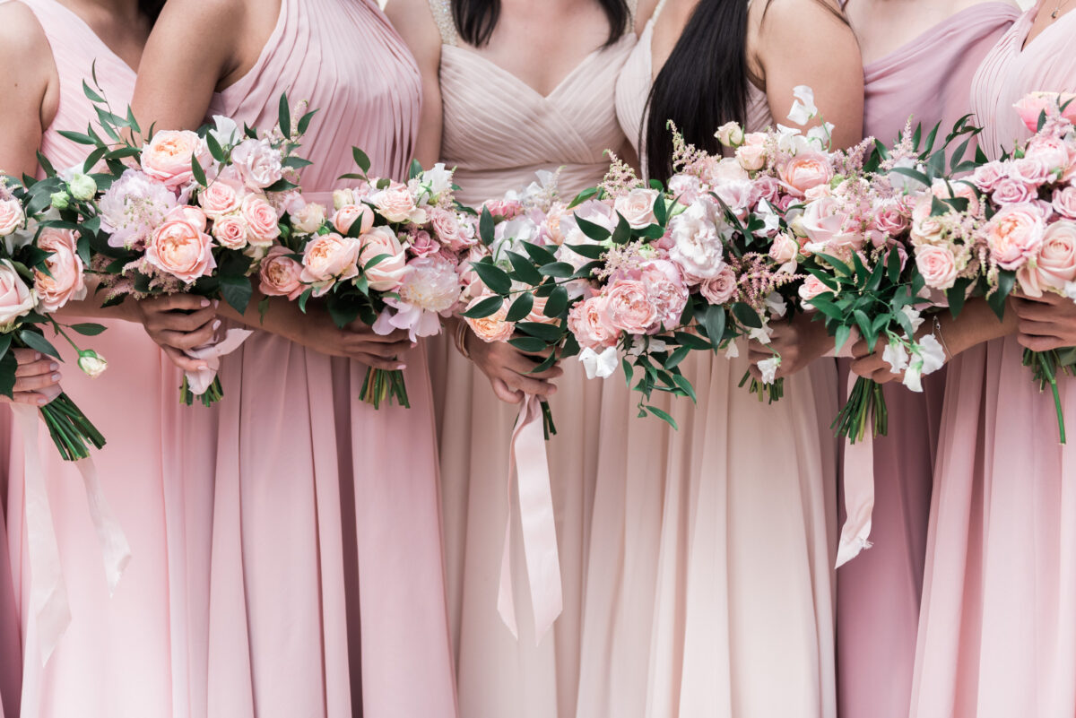 Bridesmaids in pink with their bridal bouquets in Paris