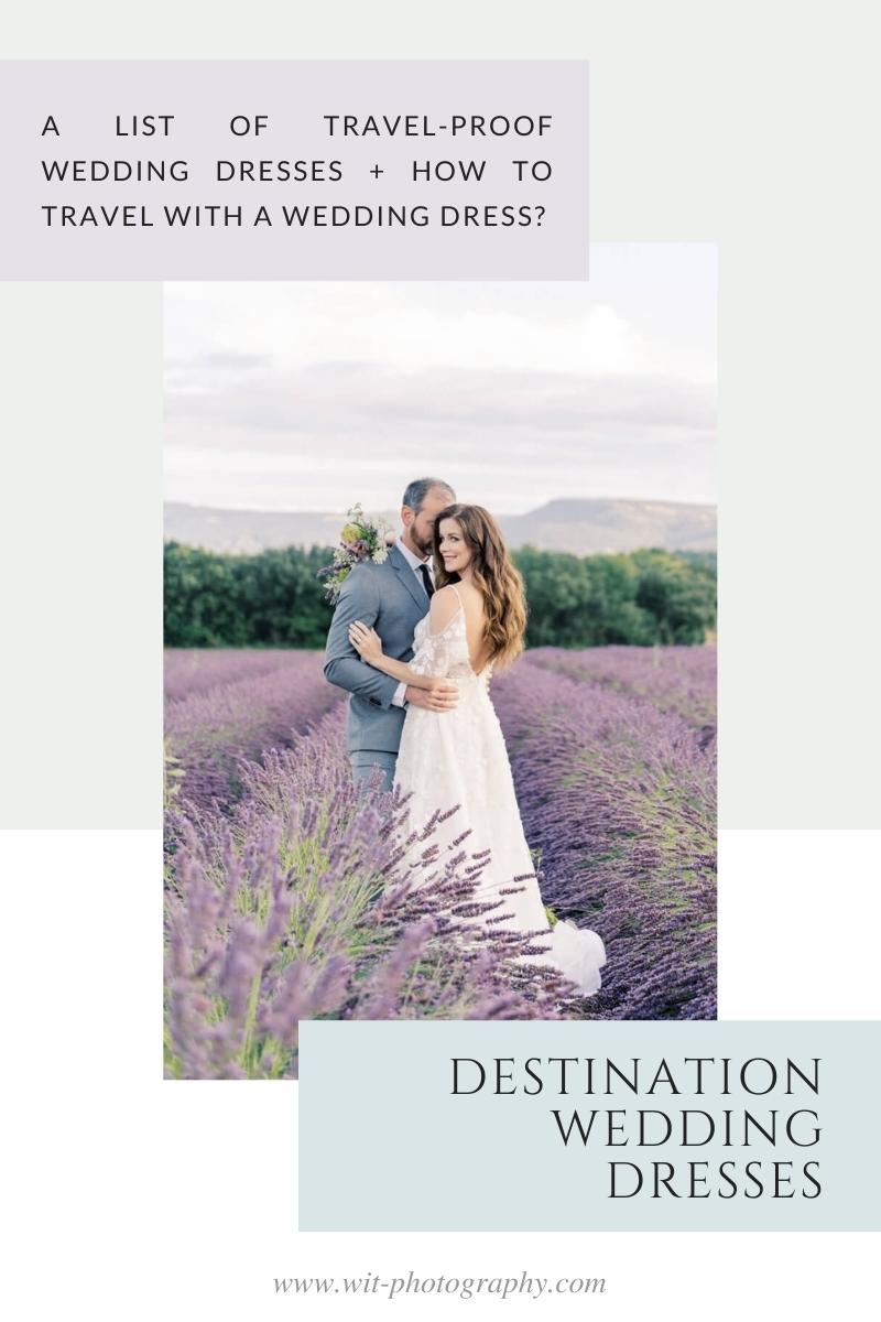 Pin for a guide on how to safely bring your wedding dress to your destination wedding